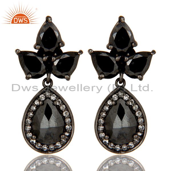 Oxidized Sterling Silver Hematite And White Topaz Designer Dangle Earrings