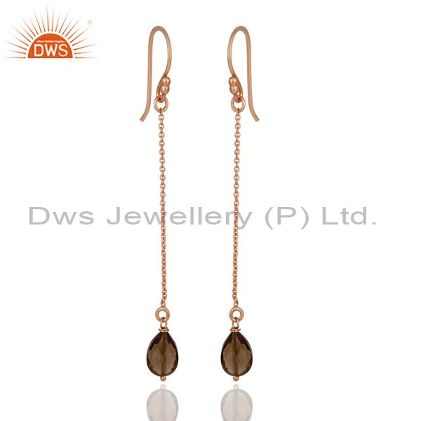 Smoky Quartz Rose Gold Plated Sterling Silver Long Chain Dangle Earrings