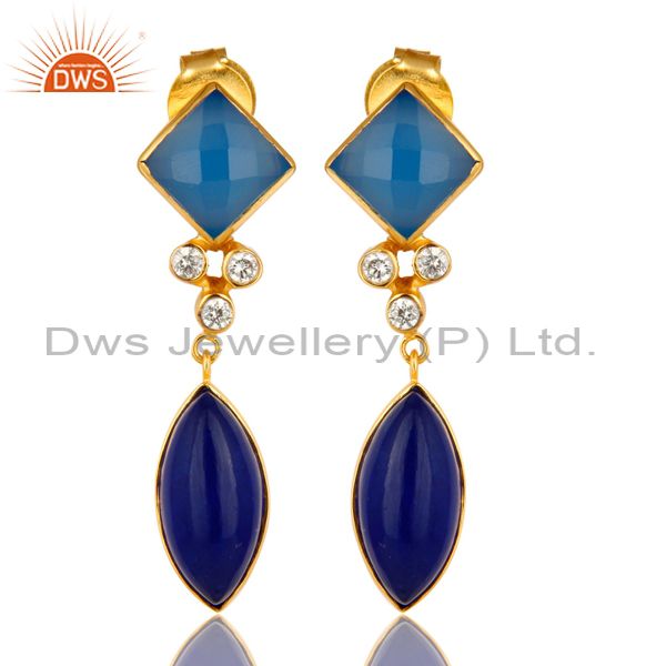 22K Yellow Gold Plated Blue Aventurine And Chalcedony Earrings With CZ