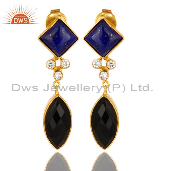 18K Gold Plated Black Onyx And Lapis Lazuli Gemstone Dangle Earrings With CZ