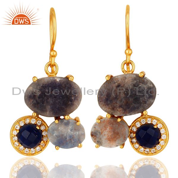 18K Gold Over Sterling Silver Rough Blue Sapphire & CZ Designer Dangle Earrings