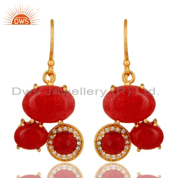 18K Yellow Gold Plated Over Brass Red Aventurine Prong Set Dangle Earrings
