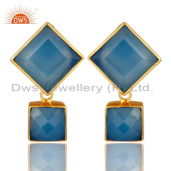 Handmade Aqua Blue Chalcedony Bezel Set Earrings Made In 18K Gold Over Brass