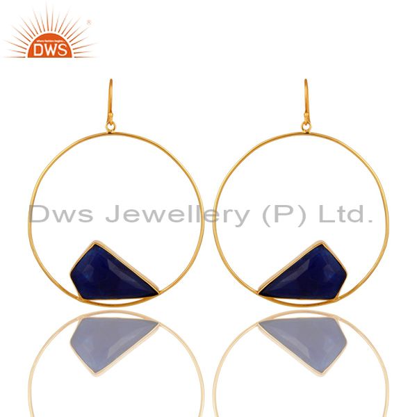 Natural Blue Aventurine Gemstone Handmade 22K Gold plated Brass Circle Earrings