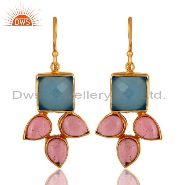 Handmade Aqua Blue Chalcedony And Pink Glass Earrings With Gold Plated