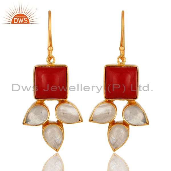 Natural Rainbow Moonstone And Coral Gemstone Earrings Made In 18K Gold On Brass