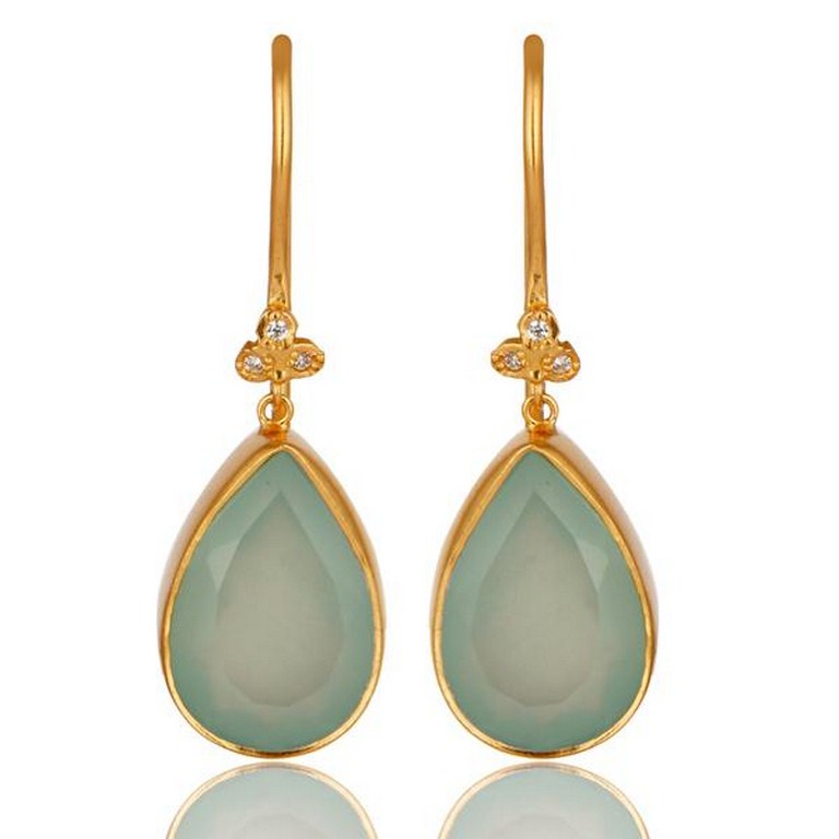 14K Yellow Gold Plated Brass Aqua Blue Chalcedony Gemstone & CZ Dangle Earrings