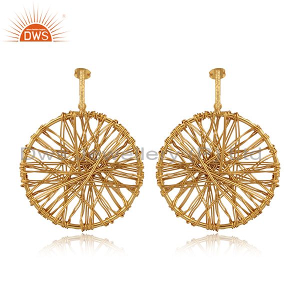 14K Yellow Gold Plated Lace Weave Disc Design Ciracle Dangle Earrings
