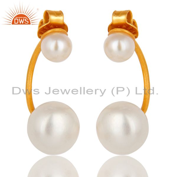 24K Yellow Gold Plated Sterling Silver Natural Pearl Designer Post Stud Earrings