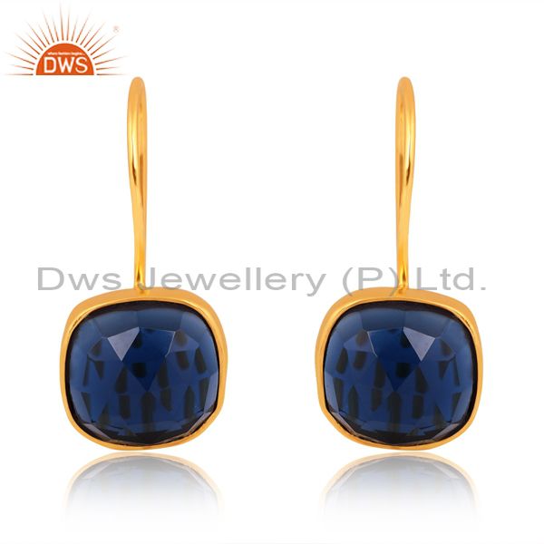 Blue Corundum Set Gold On Sterling Silver Square Earrings