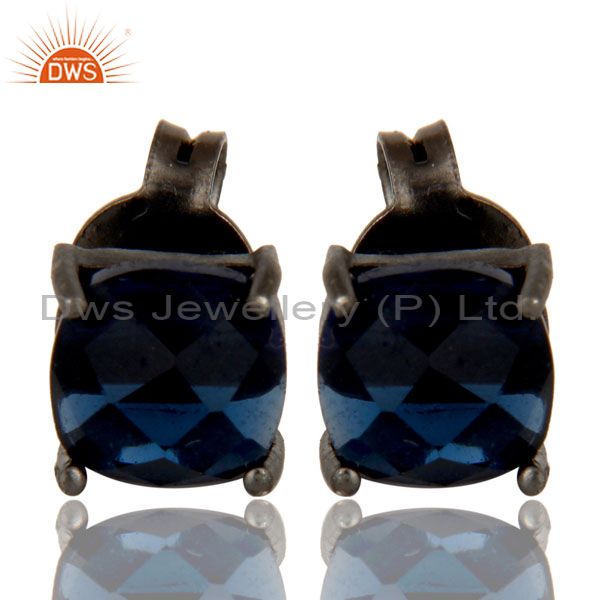 Oxidized Sterling Silver Faceted Blue Corundum Prong Set Womens Stud Earrings