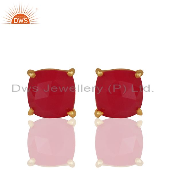 Pink Chalcedony Gemstone 925 Silver Gold Plated Stud Earring Wholesale