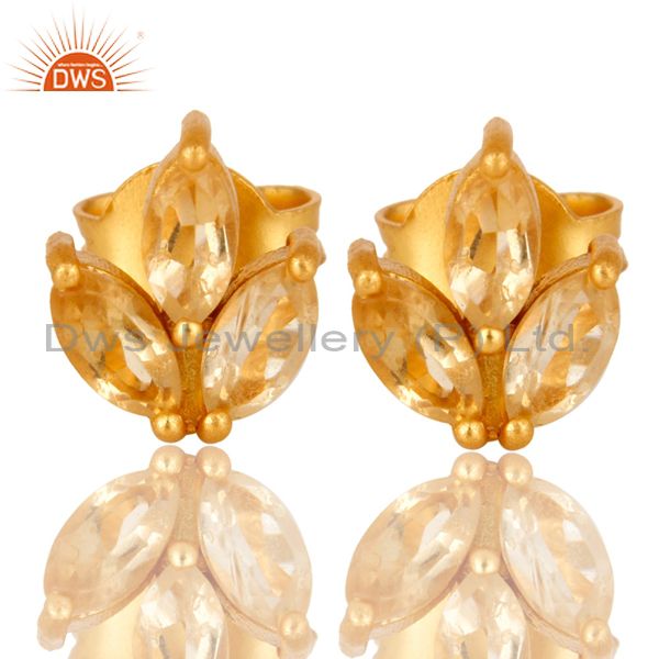 18K Yellow Gold Plated Sterling Silver Citrine Prong Set Gemstone Stud Earrings