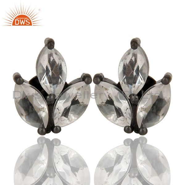 Black Oxidized 925 Sterling Silver Crystal Quartz Prong Set Studs Earrings