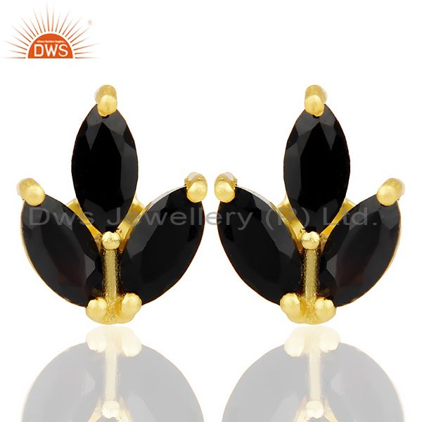 Black Onyx Tiny Flower Stud Earring In 14 K Gold Plated Sterling Silver