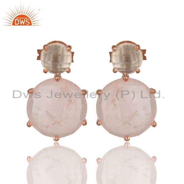 18K Rose Gold Plated Sterling Silver Crystal Quartz And Rose Quartz Stud Earring