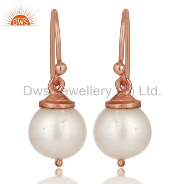 18K Rose Gold Plated Sterling Silver Pearl Dangle Hook Earrings For Womens