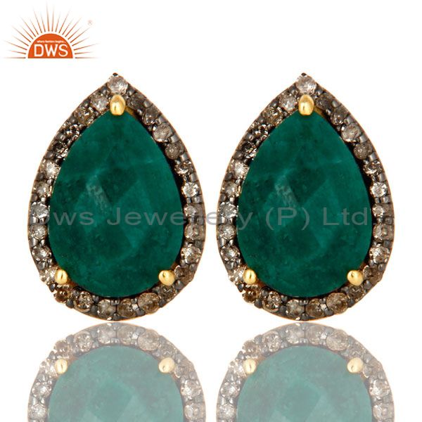 18K Yellow Gold Pave Diamond And Emerald Sterling Silver Drop Stud Earrings