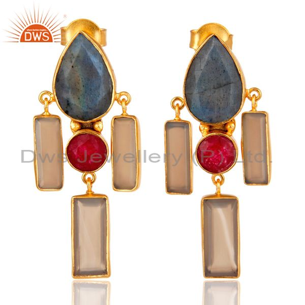 Natural Red Aventurine Labradorite and Chalcedony Gold Plated Dangler Earring