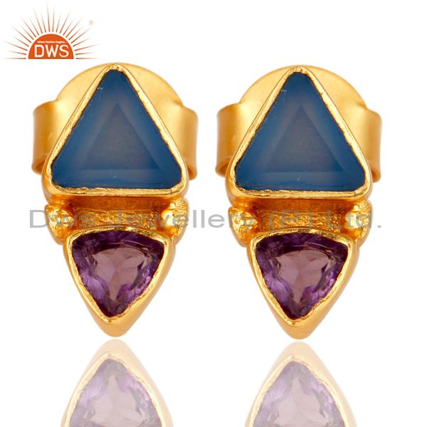 18K Gold Plated Amethys and Blue Chalcedony Stud Earring