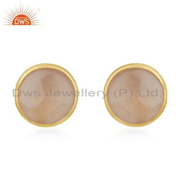 18k Gold Plated 925 Sterling Silver Round Cut Chalcedony Stud Earring