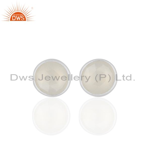 White Chalcedony Gemstone Round Silver Stud Earrings Jewelry Wholesale