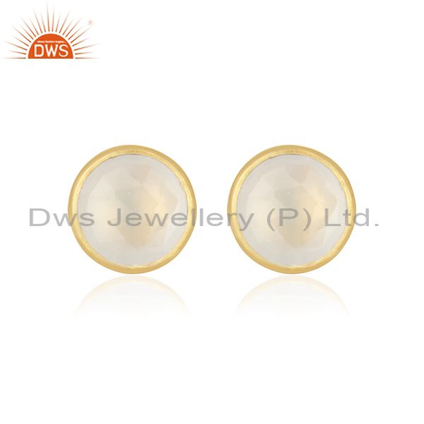 18K Yellow Gold Plated Sterling Silver White Chalcedony Gemstone Stud Earrings