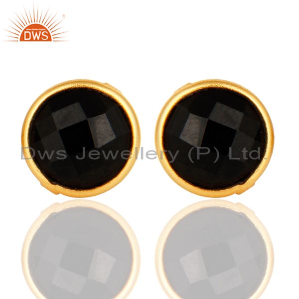 Faceted Black Onyx Gemstone Sterling Silver Round Stud Earrings - Gold Plated