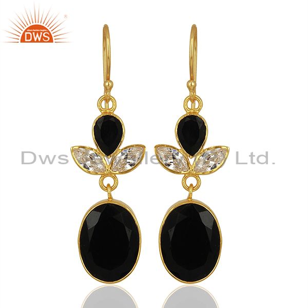 CZ and Black Onyx Gemstone Gold Plated Fashion Girl Earrings Supplier