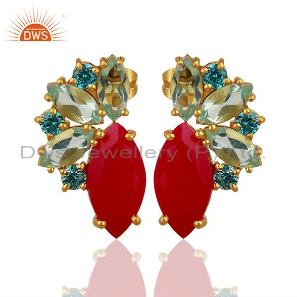 Pink Chalcedony Gemstone Brass Fashion Stud Earrings Jewelry Supplier