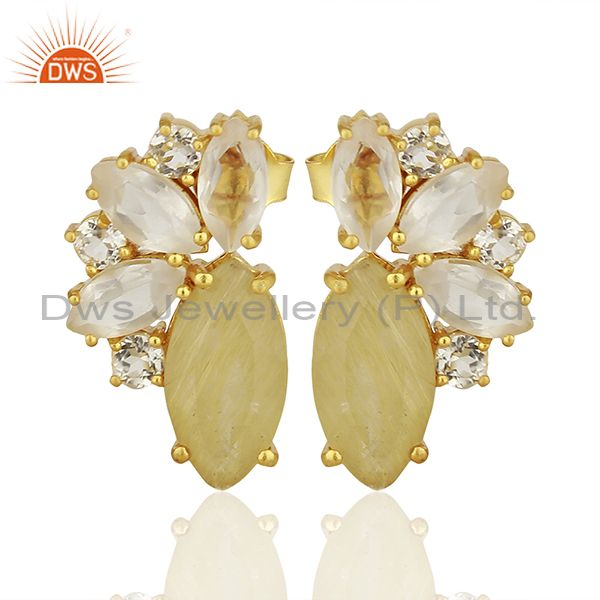 Golden Rutile Gemstone 925 Silver Fashion Stud Earrings Jewelry