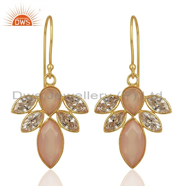CZ Rose Chalcedony Gemstone Gold Plated Brass Fashion Earring Supplier