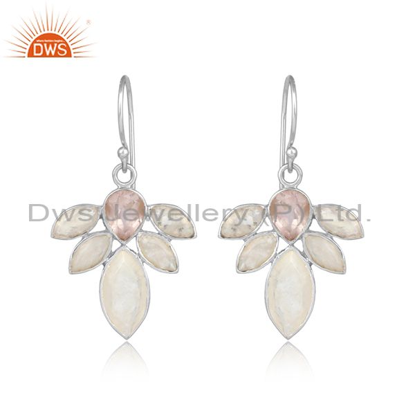 Rose quartz, rainbow moonstone fine silver floral earrings