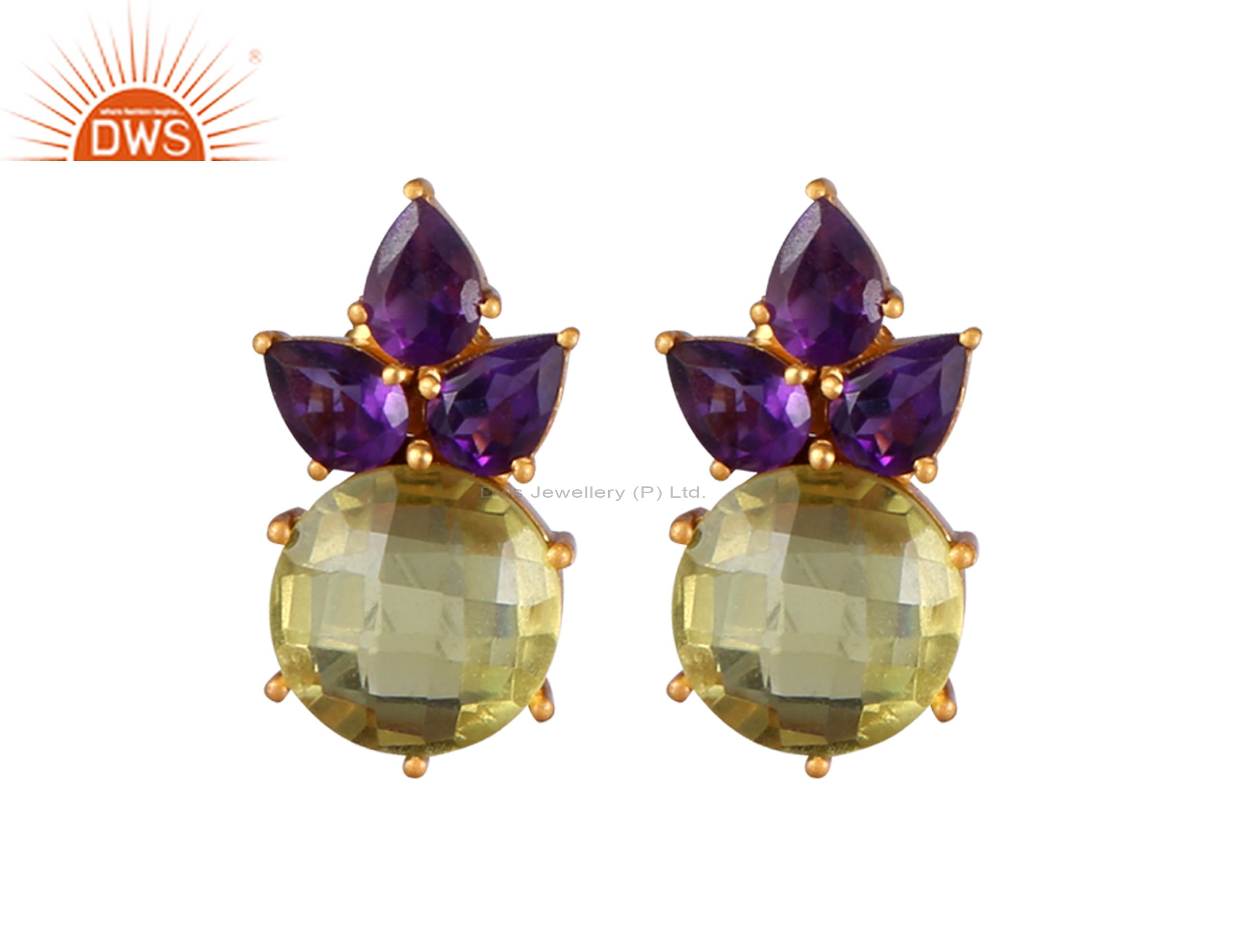 18K Yellow Gold Plated Sterling Silver Amethyst And Lemon Topaz Stud Earrings