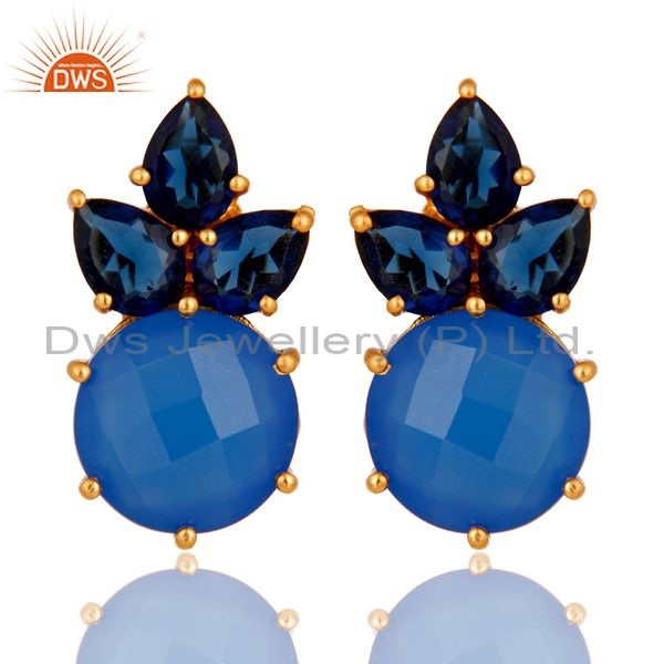 18K Yellow Gold Plated Sterling Silver Blue Chalcedony Corundum Stud Earrings