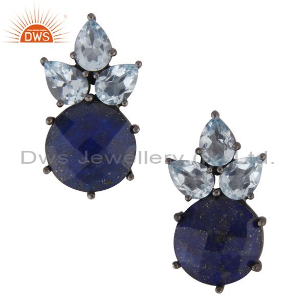 Oxidized Sterling Silver Lapis Lazuli And Blue Topaz Gemstone Stud Earrings