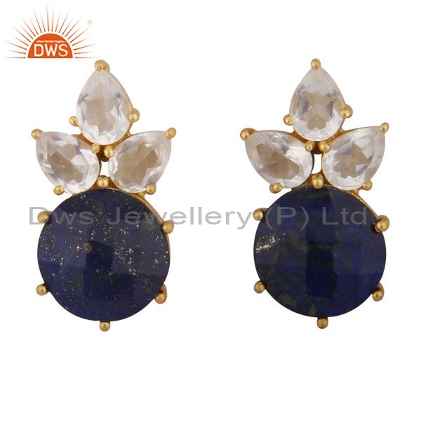 18K Gold Plated Sterling Silver Lapis Lazuli And Crystal Quartz Stud Earrings