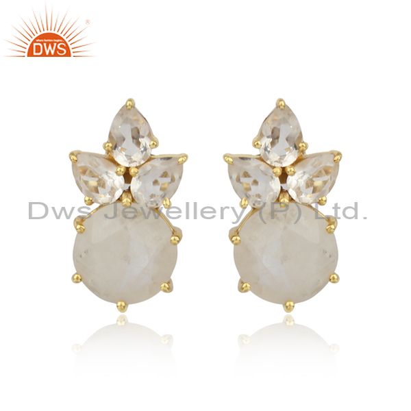 Floral gold plated silver studs with rainbow moonstone, crystal