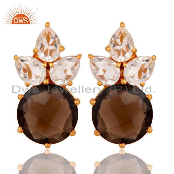 Gold Plated Sterling Silver Crystal Quartz And Smoky Quartz Post Stud Earring