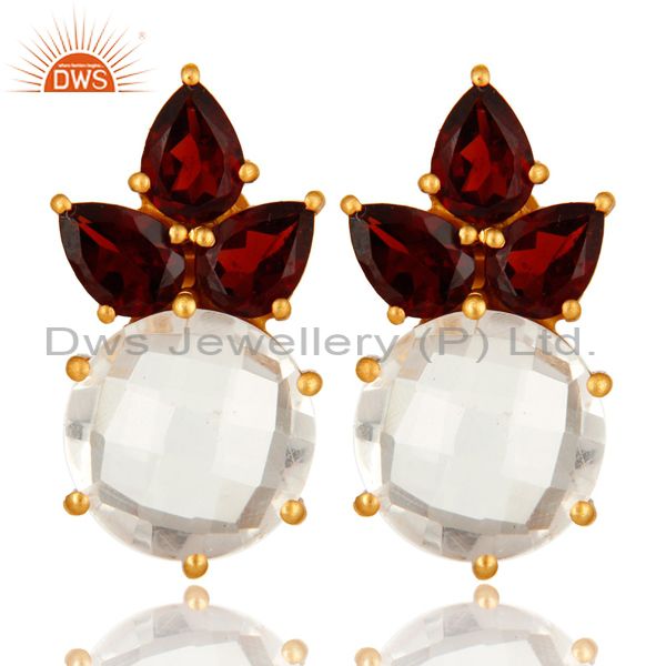 14K Yellow Gold Plated Sterling Silver Garnet And Crystal Quartz Stud Earrings