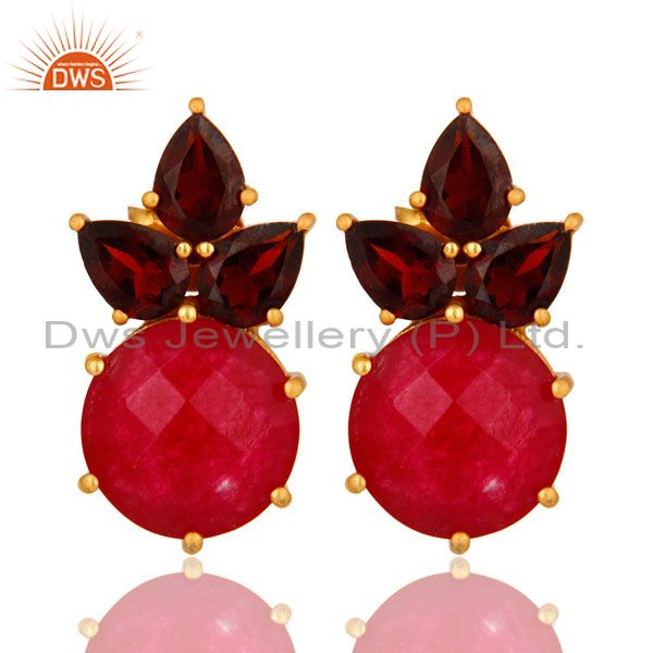 18K Gold Plated Sterling Silver Garnet And Red Aventurine Post Stud Earrings