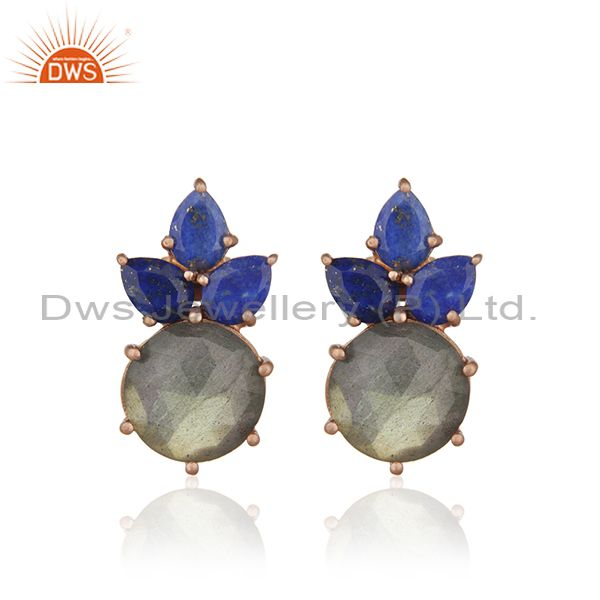 Labradorite Gemstone 925 Silver Rose Gold Plated Stud Earrings Manufacturer