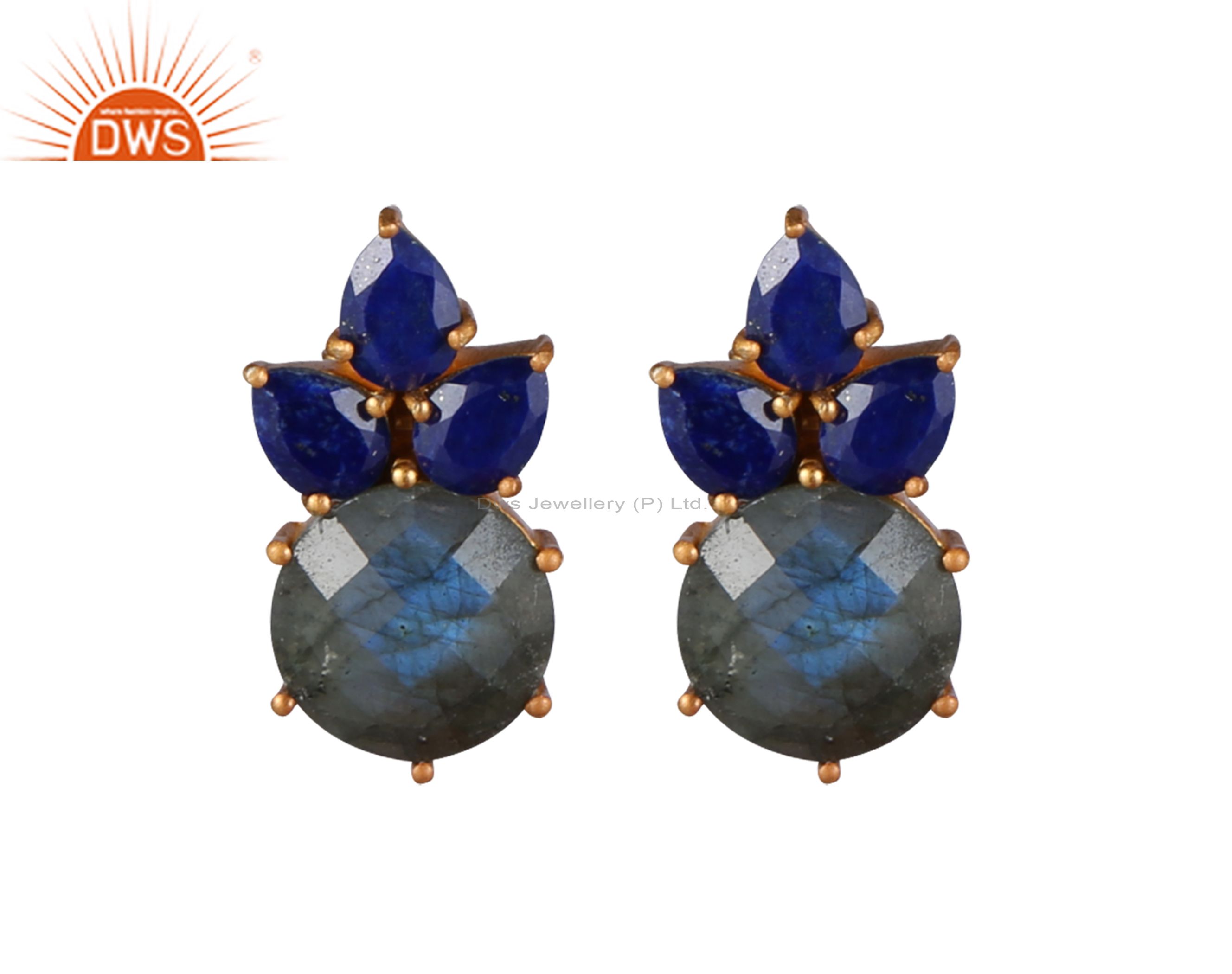 18K Yellow Gold Plated Sterling Silver Lapis Lazuli And Labradorite Stud Earring
