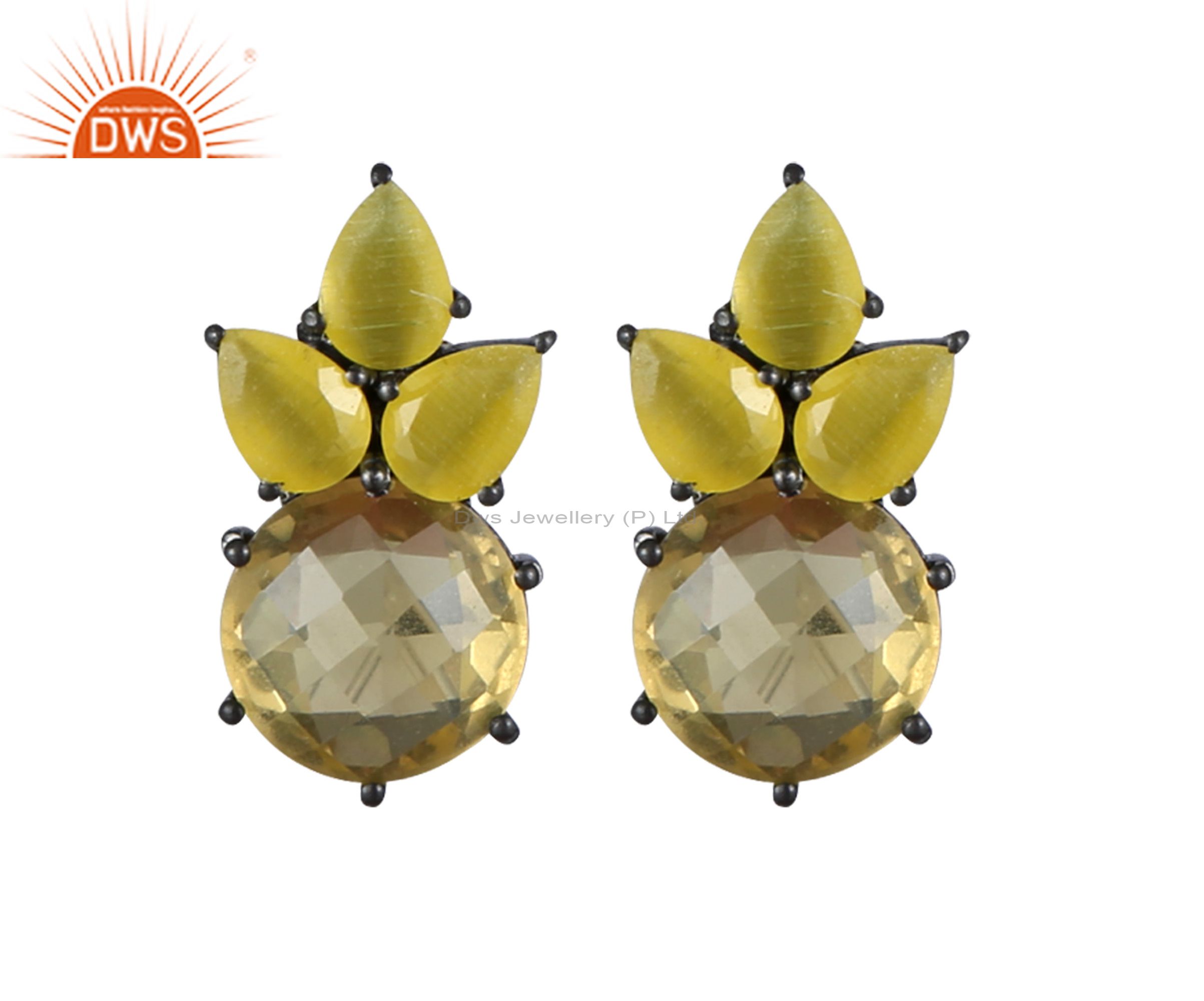 Oxidized Sterling Silver Lemon Topaz And Yellow Moonstone Cluster Stud Earrings
