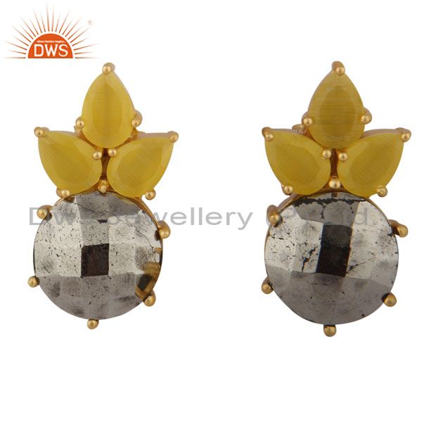18K Gold Plated Sterling Silver Yellow Moonstone & Pyrite Gemstone Stud Earrings