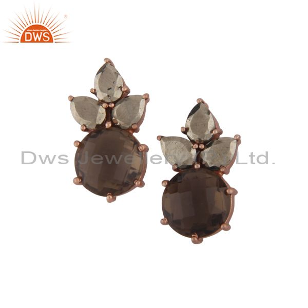 18K Rose Gold Plated Silver Smoky Quartz And Pyrite Cluster Post Stud Earrings