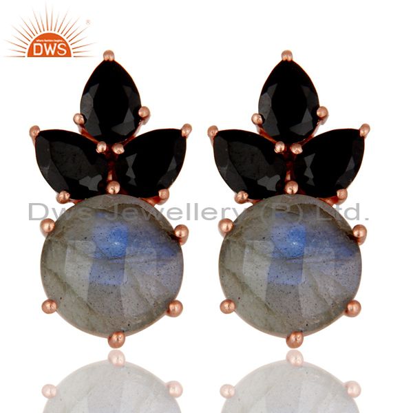 22K Rose Gold Plated Sterling Silver Black Onyx And Labradorite Stud Earrings