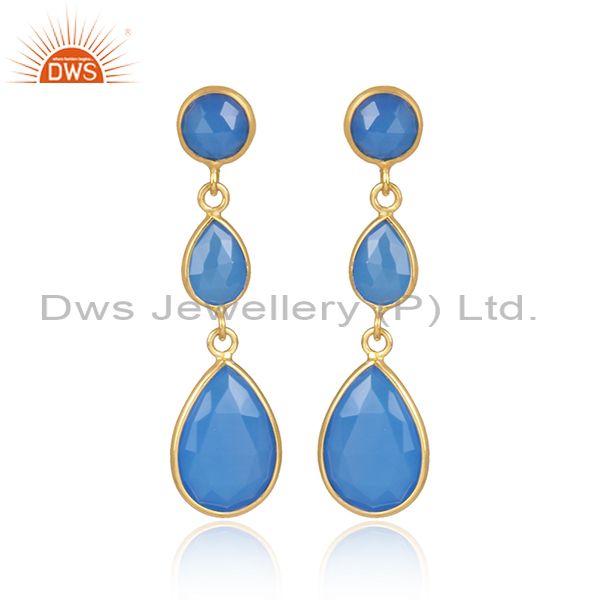 Blue Aqua Chalcedony Faceted Gemstone Dangle Earrings In 18K Gold Over Sterling
