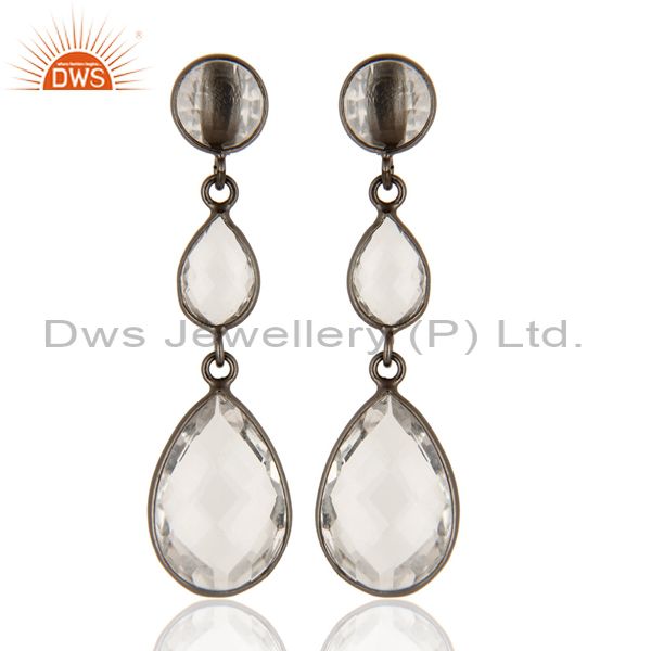 Oxidized Solid Sterling Silver Crystal Quartz Gemstone Bezel Set Dangle Earrings