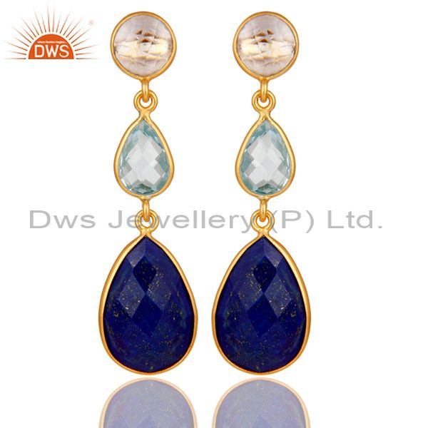Lapis Blue Topaz and Crystal Gemstone Dangle Earring 18K Gold Over 925 Silver
